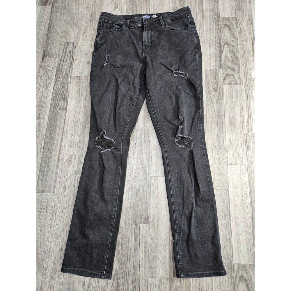 Old Navy Power Slim Straight Jeans Womens 8 Faded Black Distressed Mid-Rise